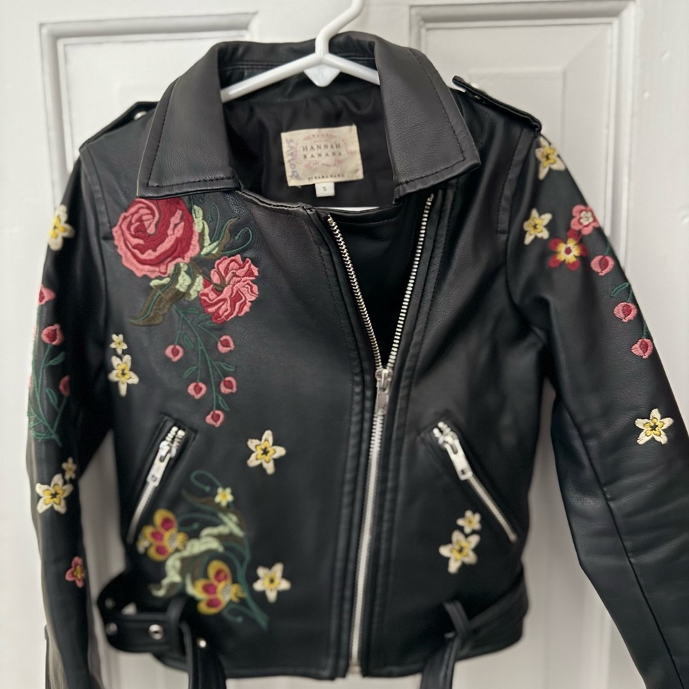 Hannah Banana Black Leather Jacket with Colorful Floral Design